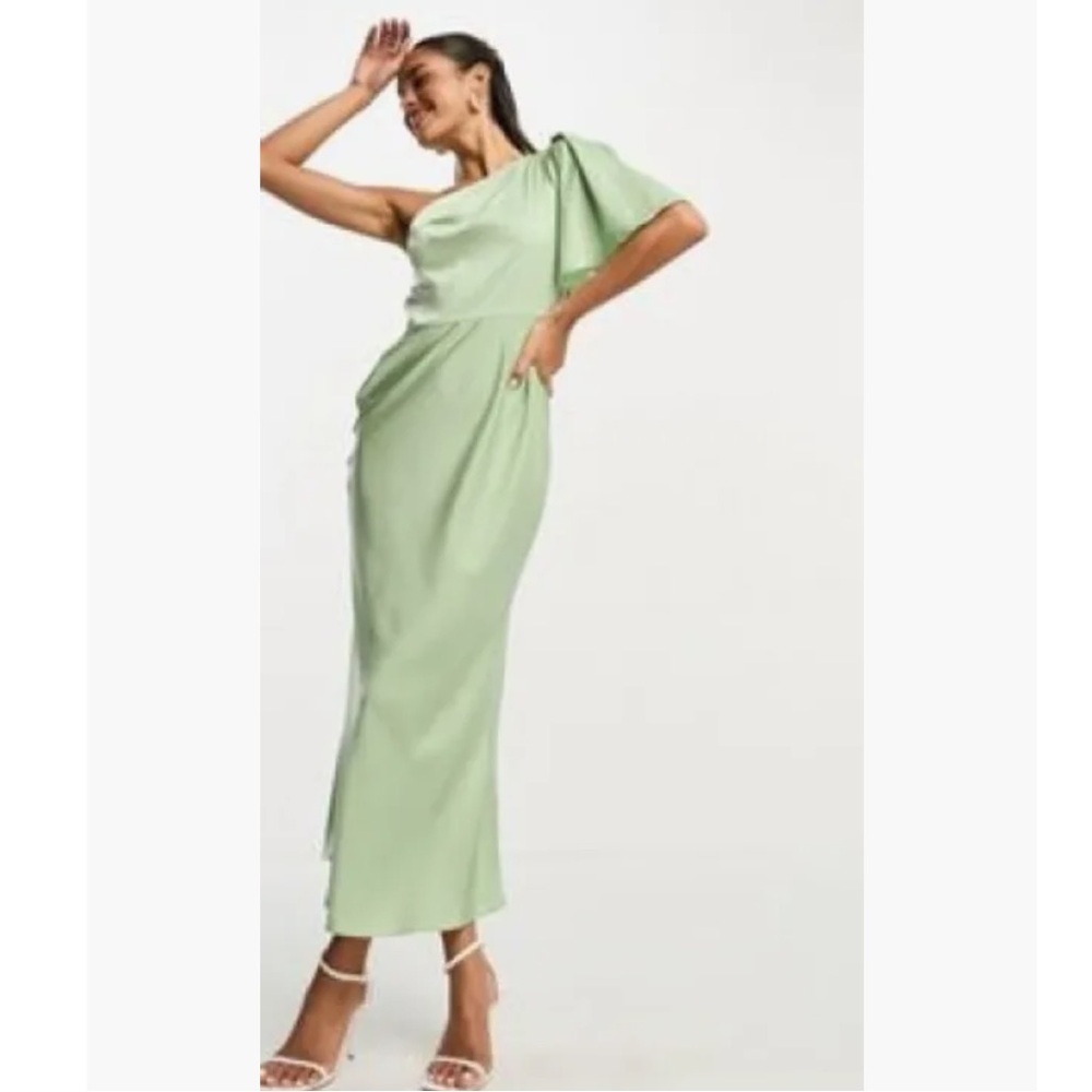 ASOS Satin One Shoulder flutter sleeve midaxi dress in sage-Green Size 12 NWT